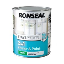 Image of Ronseal Stays White 2 in 1 Primer and Paint MATT FINISH 750ML 2.5L