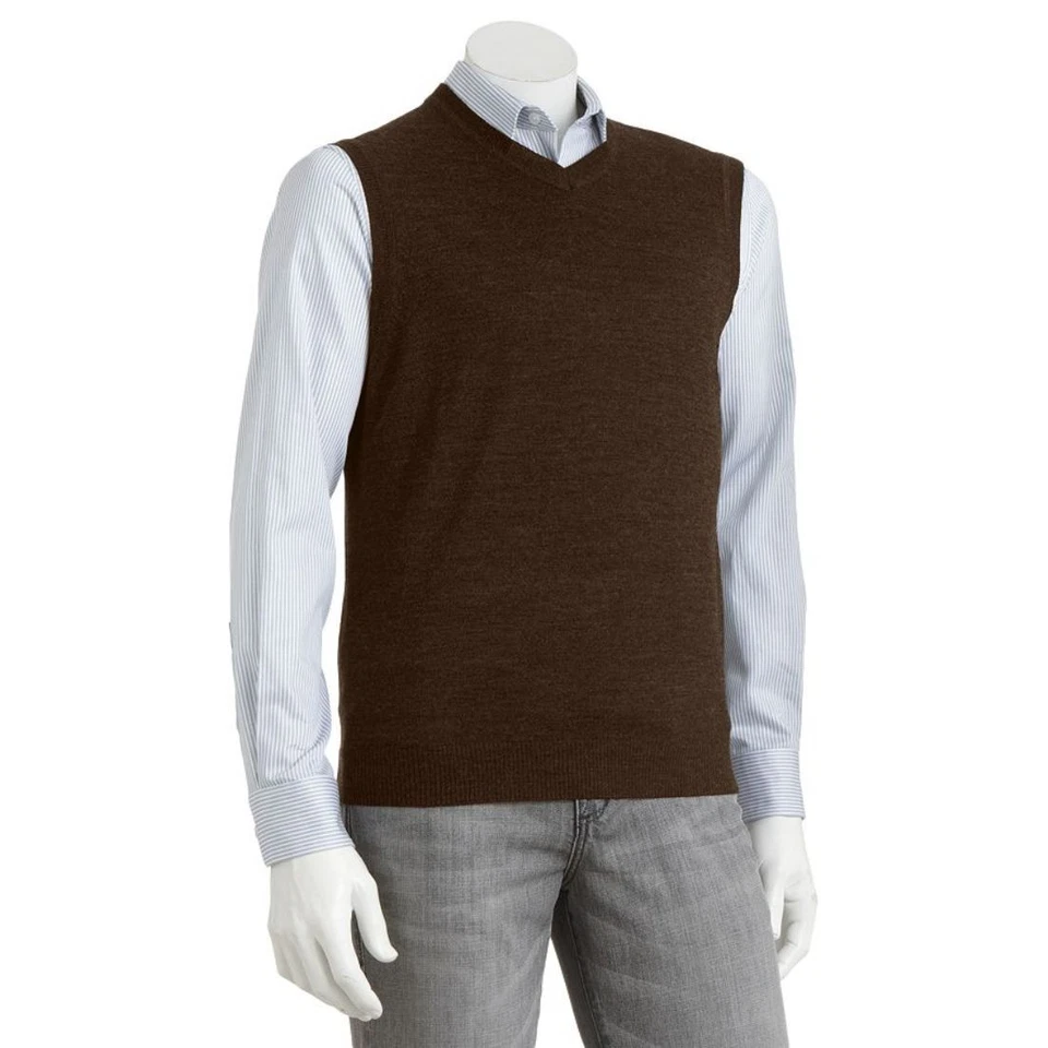 Nuevo Chaleco Suéter Para Hombre Calce Clásico Tejido Cuello en V XLT Grande y Alto Sin Mangas Marrón Foto 2 de 2