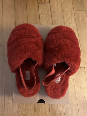 UGG Fluff Yeah Logo Slide Slipper for Women, Size US 6/EUR 37 - Red