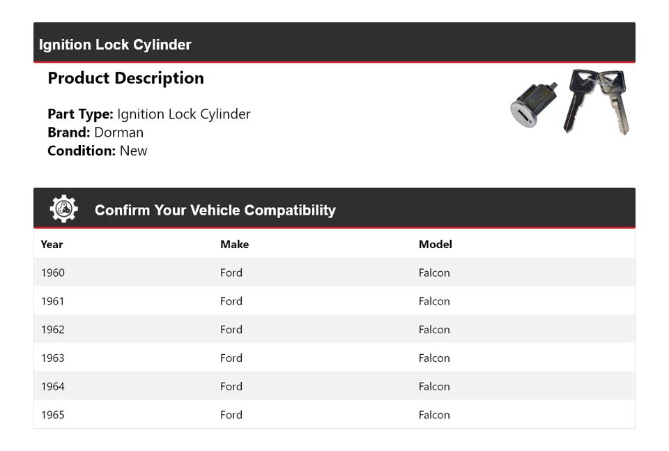 Cilindro de bloqueo de encendido para Ford Falcon Dorman 1960-1965 1962 1963 1964 Foto 2 de 4