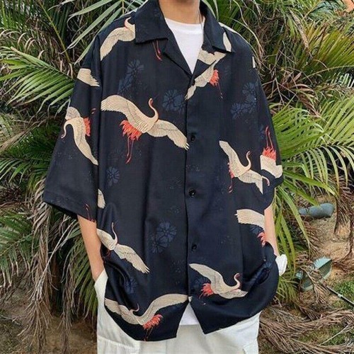 Mens Women Crane Print Shirt Loose 
