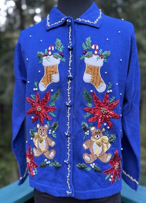 Ugly Christmas Sweater Cardigan Beaded Embroidered Womens Grandma Teacher NWT
