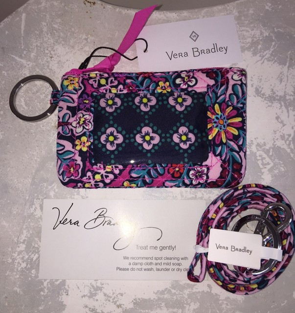 VERA BRADLEY Iconic Zip Id Case & Lanyard KALEIDOSCOPE Badge Holder Key