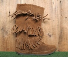 MINNETONKA Model 1638 Brown Suede Triple Fringe 12" Moccasin Boots Sz. 8
