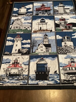 Vintage Goodwin Weavers East Coast 12 Lighthouse Tapestry Wall Hanging