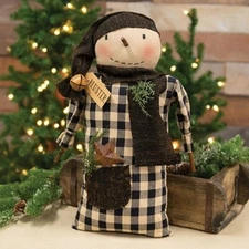 NEW PRIMITIVE SNOWMAN DOLL BLUSTER Christmas 16"Lx 8.5"Wx4"D Winter Rustic Cloth