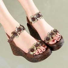 Fashion Women Retro Platform Wedge Heels Peep Toe Leather Floral Sandals Shoes