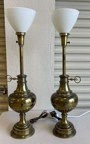 Vintage MCM Pair Stiffel Torchiere Hollywood Regency BRASS Table Lamps Mid Mod
