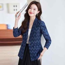 Giacca da Tailleur Blazer Donna Ufficio Raso Slim Blu Simil Lino 33201