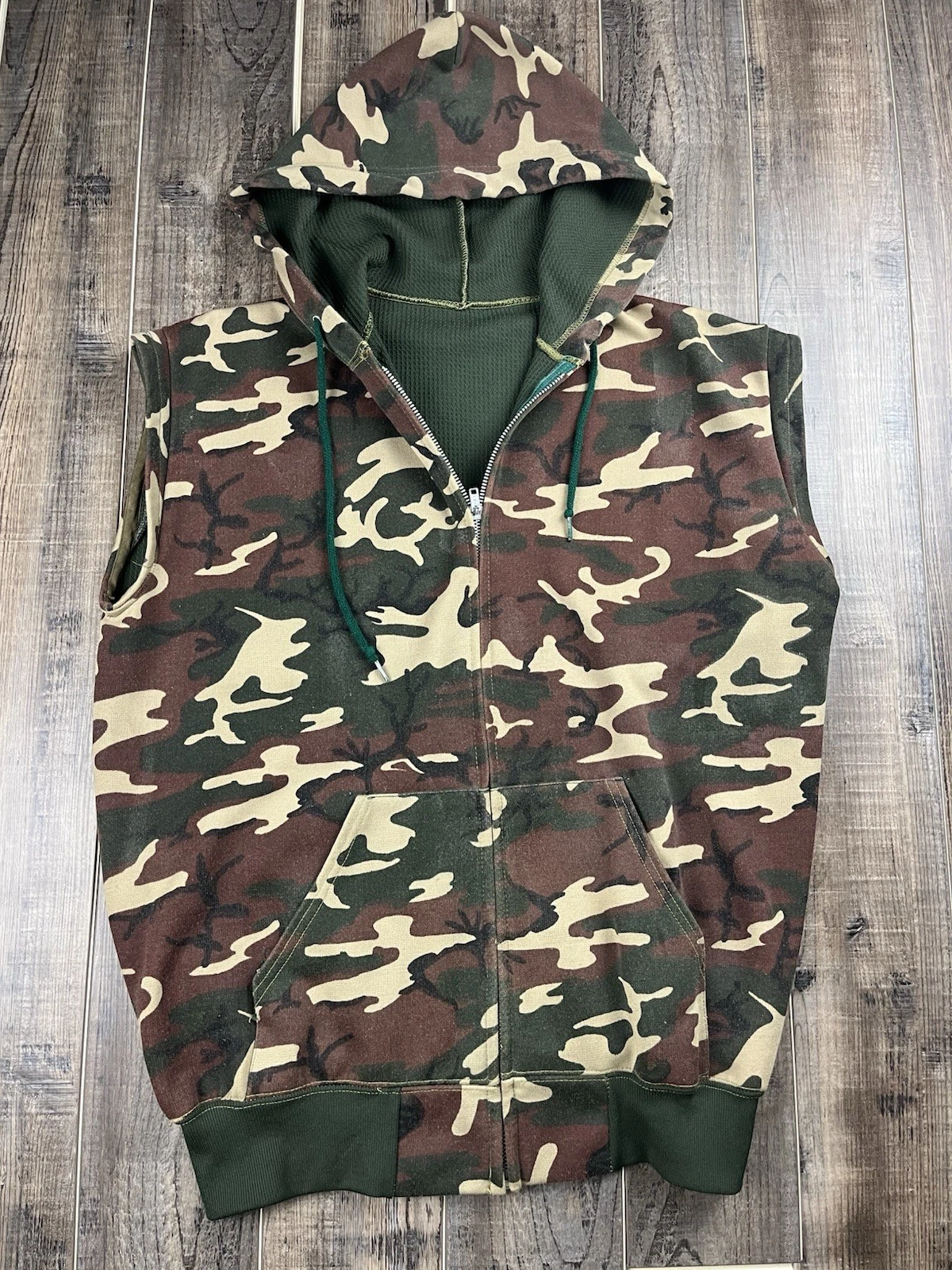 Vintage 80s Camo Full Zip Hoodie Mens L Green Camoflauge Thermal Sleeveless