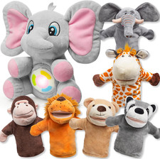 6 Hand Puppets w/ Moving Mouth  Musical Elephant Plush Toy, Lights  Music Kids