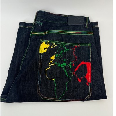 Regal Jeans Denim Shorts Mens 42 Black World Map Embroidered Y2K Vintage Baggy