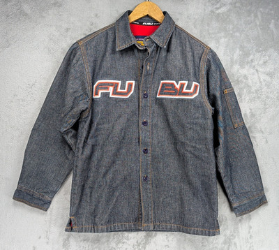 Vintage FUBU Denim Trucker Jacket Youth S 8 10 Embroidered Logo Fleece Lined Y2K