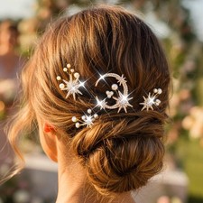 4 PCS Star Moon Bride Wedding Hair Pins Gold Pearl Bridal Pieces Accessories