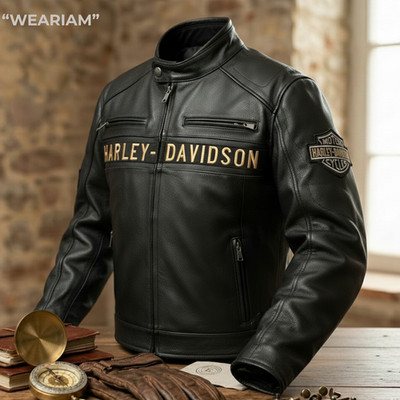 Harley Men's Black Biker Jacket - Real Cowhide Leather Motorcycle Jacket