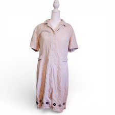 Vintage 90s Y2K Beige Linen Floral Sunflower Embroidered Sheath Dress Button Up