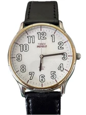 Vtg Timex Easy Reader Watch 35mm Unisex Indiglo  New Battery + Leather Strap