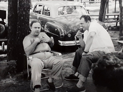 Shirtless Bear Man & Buddy in Cuffed Jeans Have a Picnic: 1950's Snapshot Photo