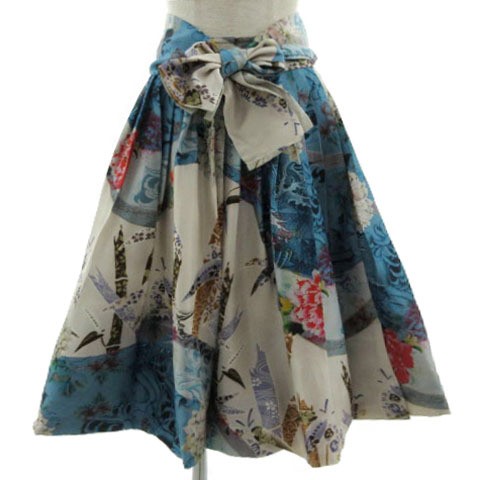 Pauw Blue Silk Pleated Midi Skirt with Ribbon Belt All-Over Pattern