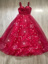 Red Embroidered Tulle Evening Dress with Strap Detail