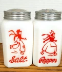 Vintage Hazel Atlas Dutch Skater Salt & Pepper Shakers Milk Glass White Red