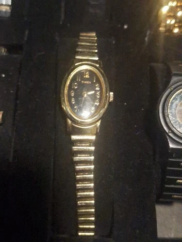 Timex Women's Vintage Gold-Tone Wth Black Dial Gold Markers. Stretch Band Runs.