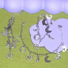 3 Handmade Moon + Star Charm Bracelets, Silver Tone Chain - Job Lot Jewellery
