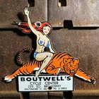 VINTAGE BOUTWELL’S CYCLE CENTER 9” PORCELAIN  MOTORCYCLE DEALER SIGN PINUP