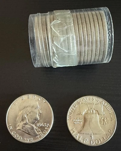 1963-D Roll of Franklin Half Dollar, 90% Silver.  (20). UNCIRCULATED Coins!