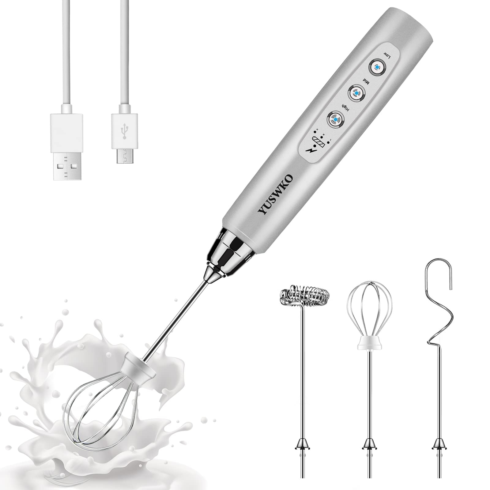 Rechargeable Milk Frother Handheld with 3 Heads, Silver Coffee Electric Whisk...