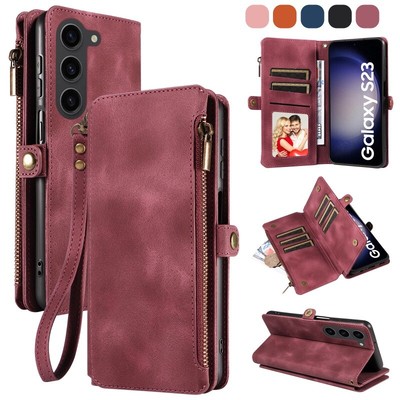 For Samsung S24 S23 FE S22 S21 S20 Ultra Plus Zip Wallet Case Flip Cover Bracket