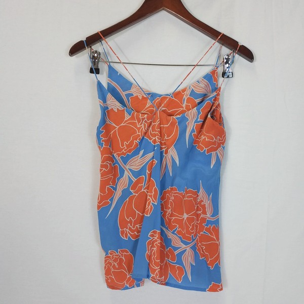 Mister Zimi Womens Size 8 Floral Blue Orange Silk Cami Top Spaghetti Straps 