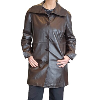 Retro 90s Y2K Expresso Brown Leather Jacket Trench Mid-length Medium Vintage