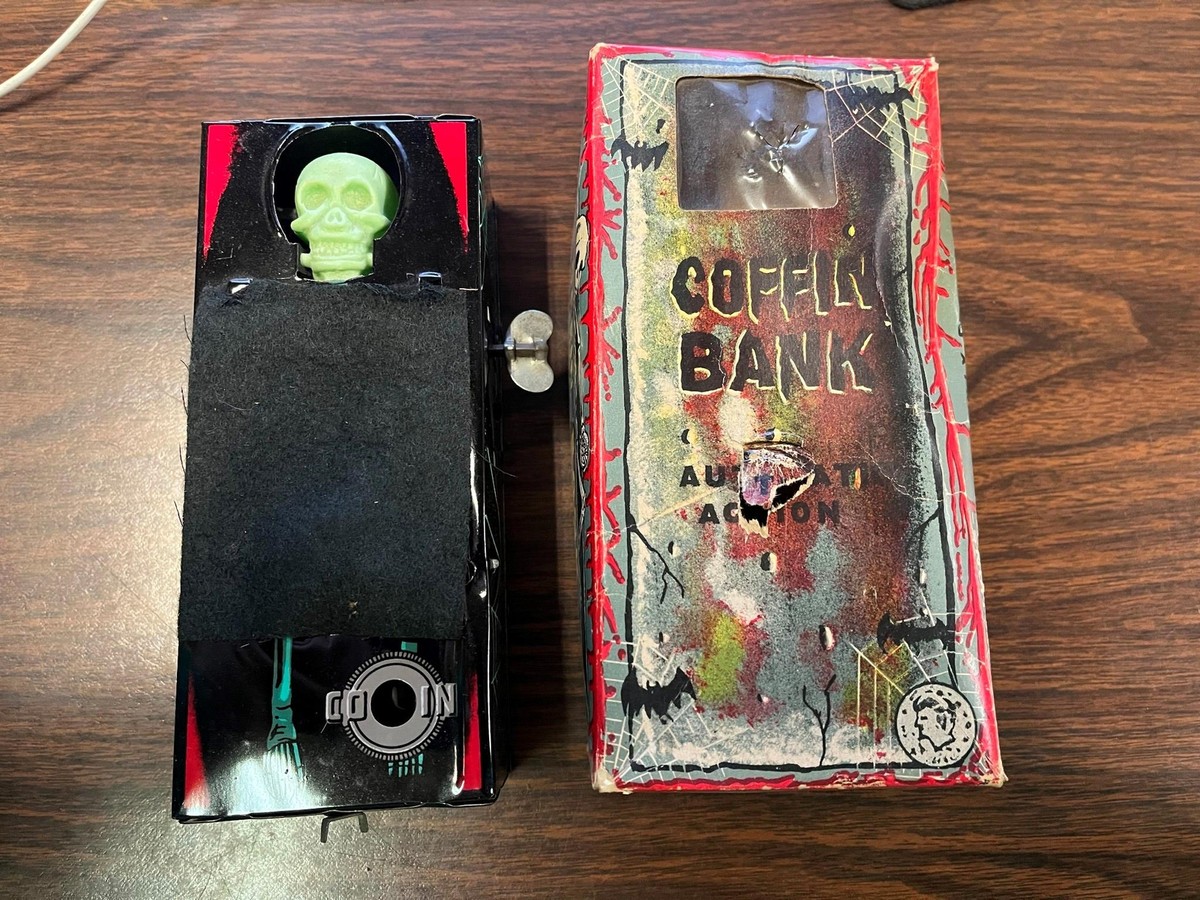 Vtg Yone 1960s Made In Japan Wind Up Coffin Coin Bank Toy