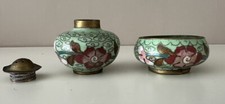 Vintage Cloisonne Salt Bowl and Pepper Pot Green with Pink Flowers