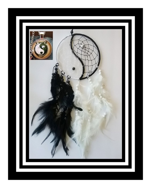 Black and White  DREAMCATCHER WITH WOLF Mandala, Native American Design