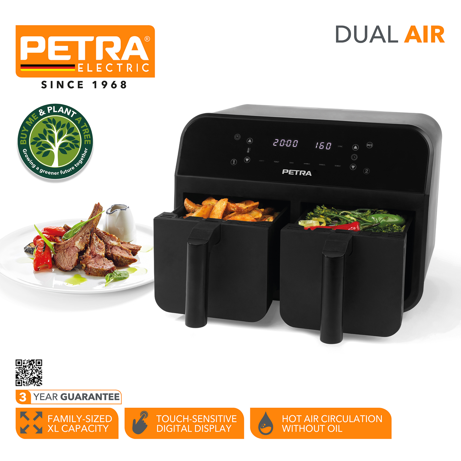 Petra Dual Air Fryer Double Drawer NonStick LED Display 6 Presets 7.4L