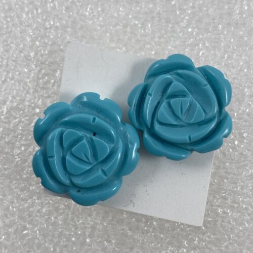 Sterling Silver .925 ~ Carved ~ 20mm Turquoise Floral Earrings - Picture 3 of 5