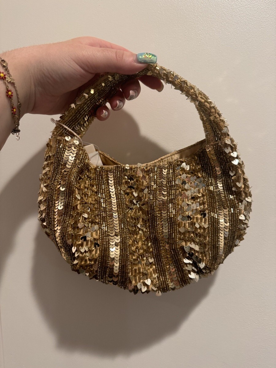 Viral Gold Sequin & Beaded Handbag W Beaded Handle Handmade Made
