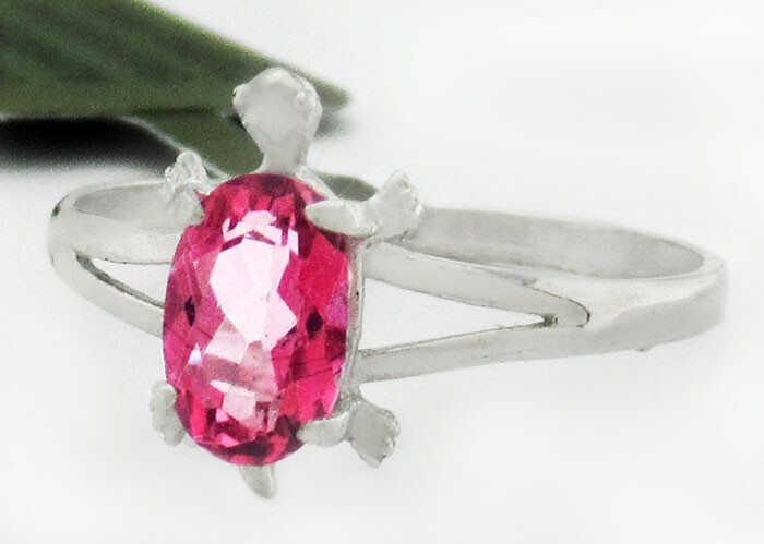 GENUINE 0.72 Cts PINK SAPPHIRE TURTLE RING 10K WHITE GOLD - Free Certificate