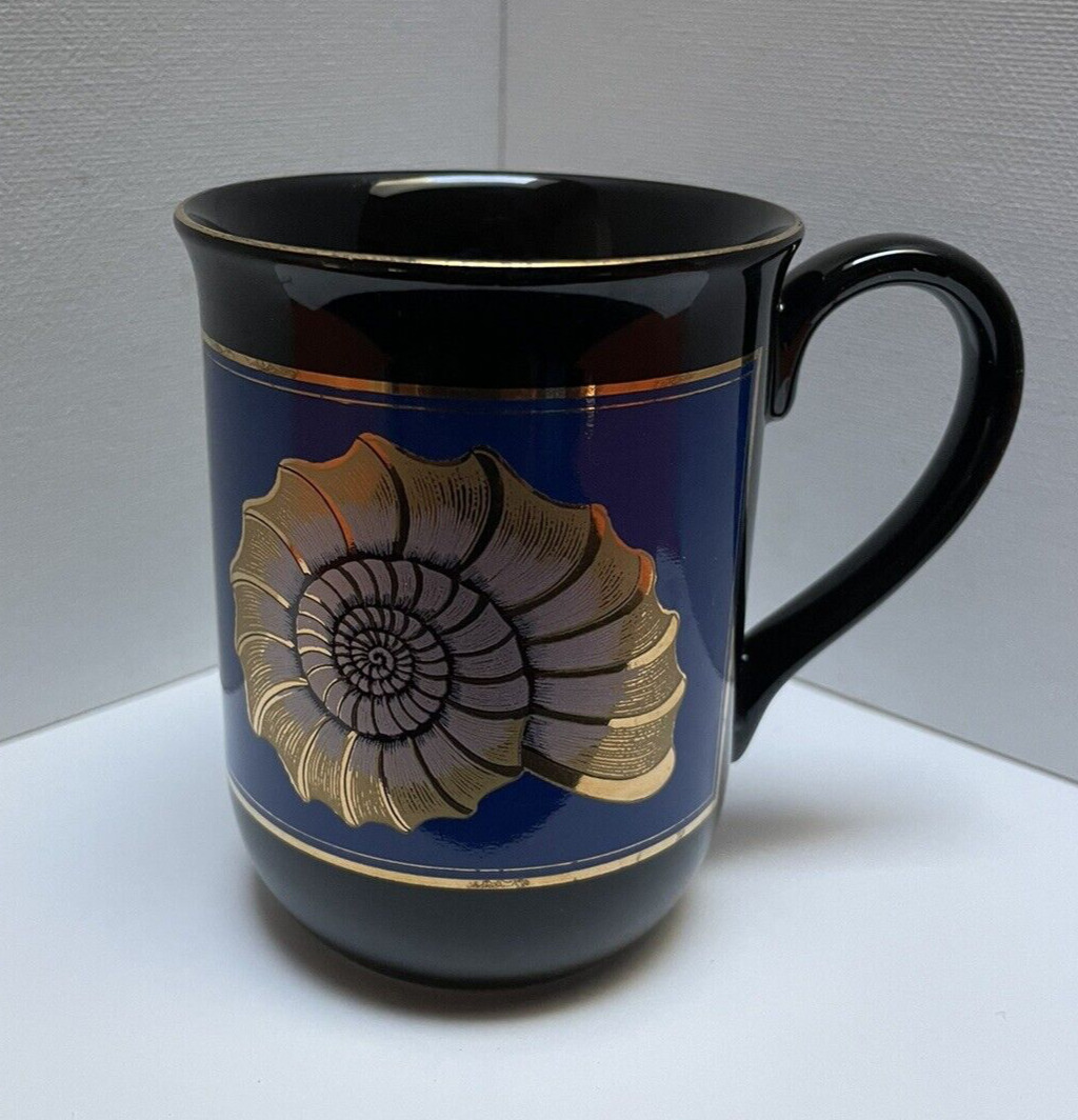 Vintage Otagiri Nautilus Coffee Mug Dark Blue Cup Gold Trim 