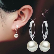Womens 925 Sterling Silver Plated Crystal Pearl Hoop/Drop Ear Stud  Earrings