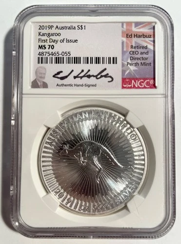 2019 Australia Silver Kangaroo coin NGC MS70 FDOI Ed Harbuz Signed