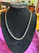 925 Sterling Silver Opal And Blue Topaz Necklace And Bracelet Set