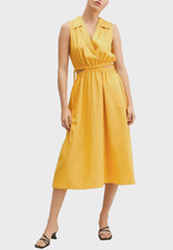 MNG Mango Women's Cut Out Linen Midi Dress L Yellow Pockets Vacation Cruise Fun