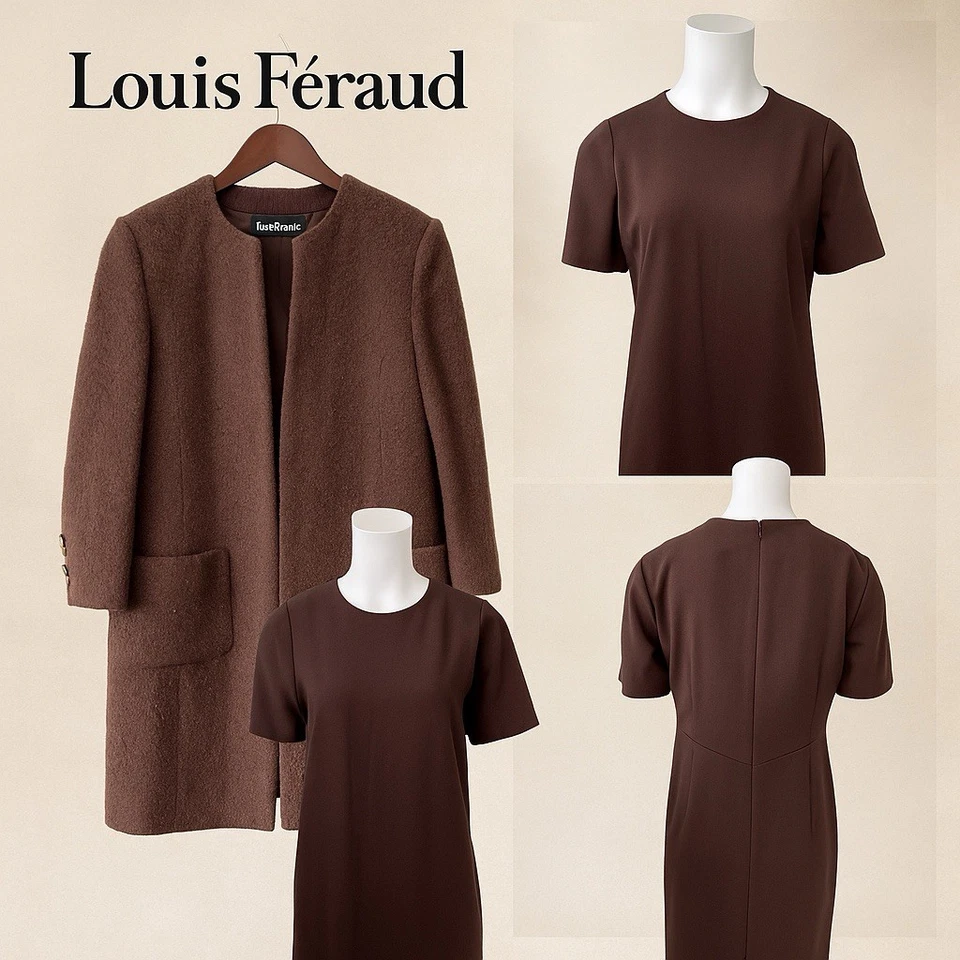 Louis Féraud 复古 60 年代 Mod 棕色羊毛连衣裙和外套套装 US 6 Jackie O 风格 — 第 3/4 张图片