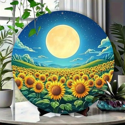 Sunflower Garden Round Aluminum Wall Art Vintage Full Moon Clouds