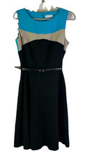 New Calvin Klein Womens 10 Color Block Belted Belt Fit Flare A Line Dress