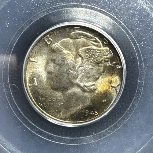 1945-D FB Mercury Dime 10C PCGS MS66FB - Full Bands!! Rainbow toning