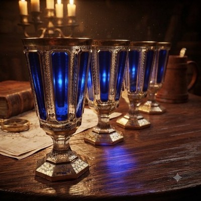 Bohemian Moser Crystal Glass Wine Water Goblet, Clear, Cobalt Blue Gold 6 In
